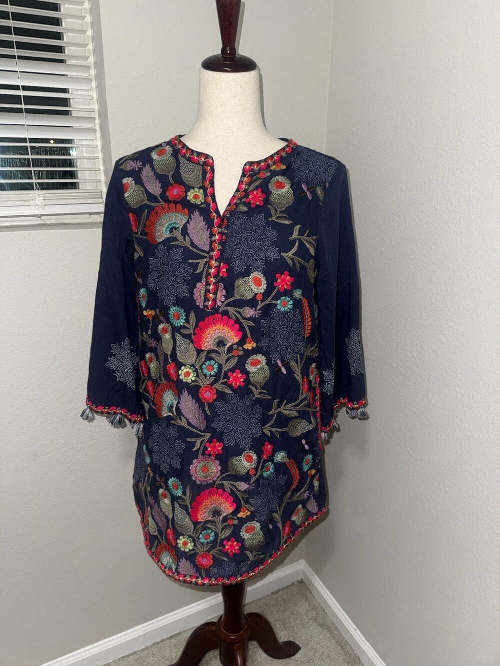 Soft Surroundings Small Floral Embroidered Tunic Top Navy Tassel Peasant Boho